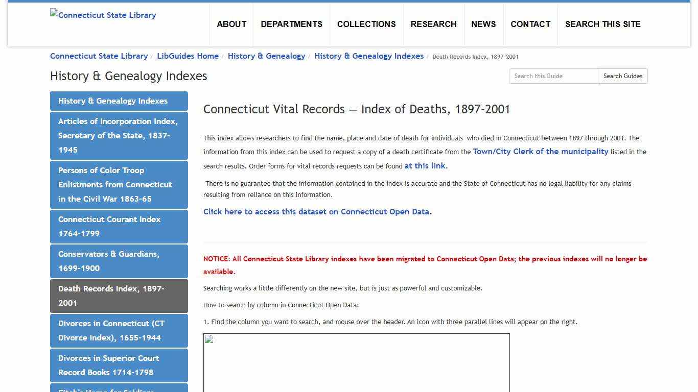 Death Records Index, 1897-2001 - History & Genealogy Indexes - LibGuides Home at Connecticut State Library.