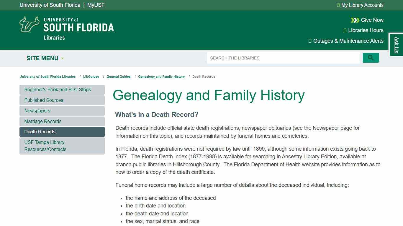 Death Records - Genealogy and Family History - LibGuides at University of South Florida Libraries